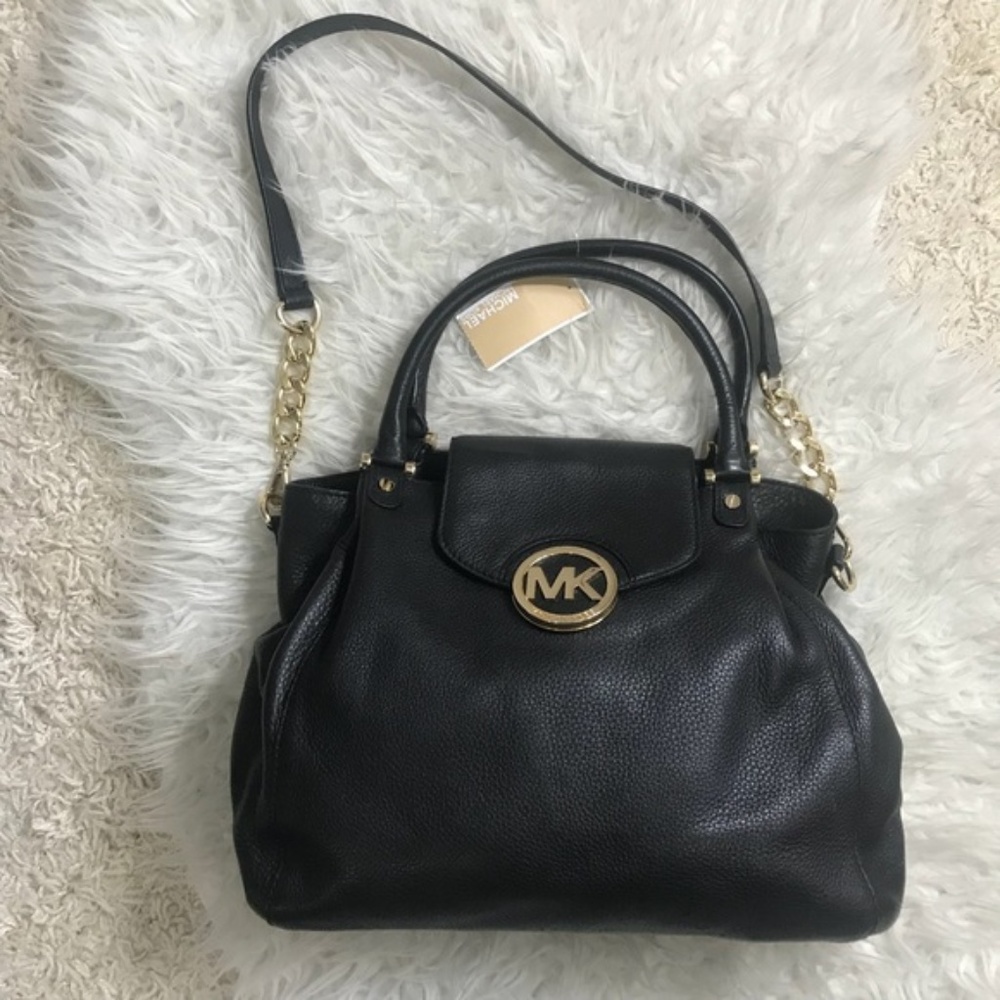 MICHAEL Michael Kors Black Leather Satchel with Gold Hardware